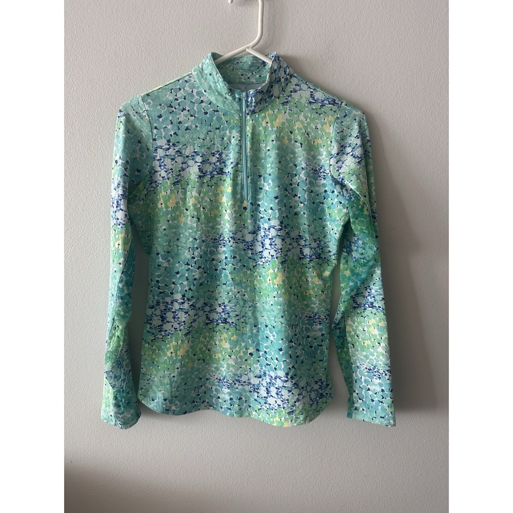 Icikuls 1/4 Zip Top Women XS Blue Green Abstract Long Sleeve Mesh Sunshirt IBKUL